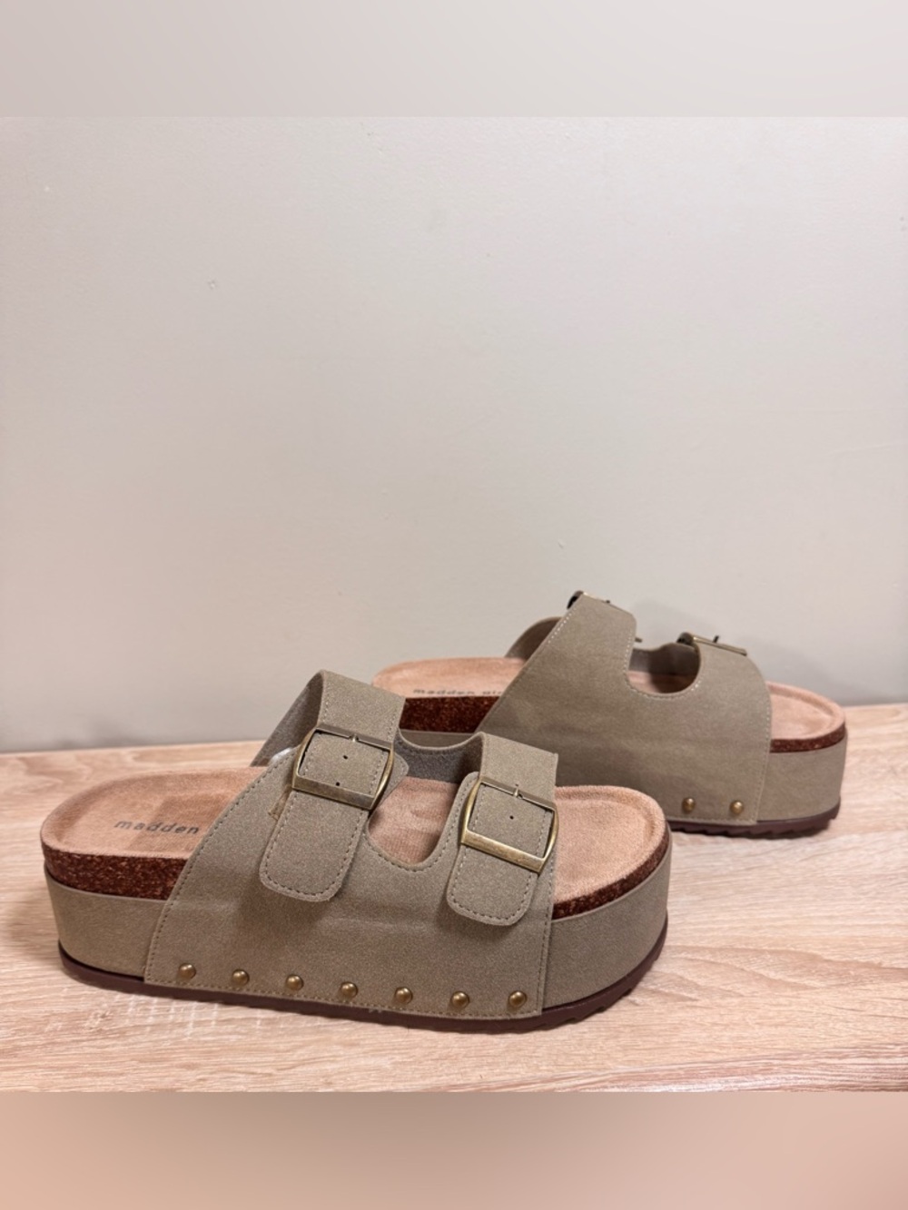 Madden Girl Platform Slip On Sandals Slides w/ Metal Studs, Double Strap, 10